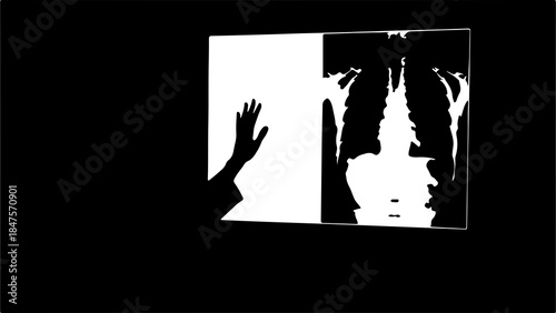Woman reaching through broken glass with transparent background