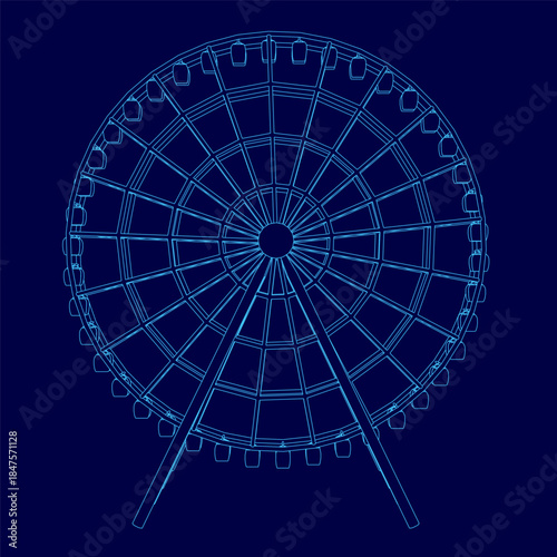 A blue Ferris wheel contour stands centered on a dark blue background. Its spokes radiate evenly from the hub, outlined by a crisp white border.