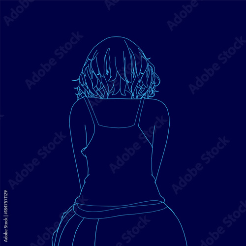 A young woman in a blue dress stands with her back to the camera, her silhouette defined against a dark blue background.