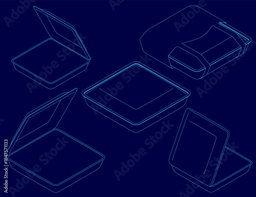 Detailed white box sketches on a solid blue background, each with a unique contour and size. This set of food container concepts provides a clean, minimalist design for packaging ideas.