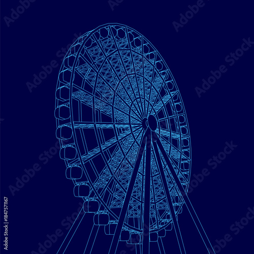A blue ferris wheel contour stands out against a dark blue background. The stark color contrast creates a bold and minimalist graphic.