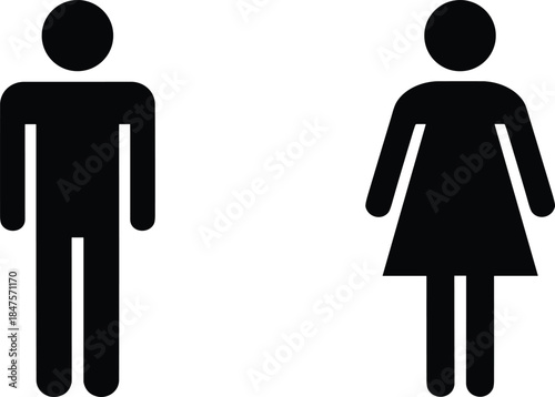 Male and female restroom symbol silhouettes icon set representing gender signage public toilet pictogram minimal vector illustration isolated