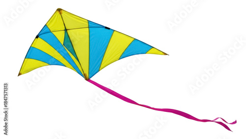 Isolated Kite with Bright Yellow and Blue Pattern and Streamers Ready to Fly Outdoors