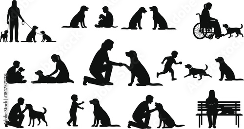 People and dogs silhouette collection showing walking training playing caring family moments pet ownership lifestyle vector illustration isolated on white background