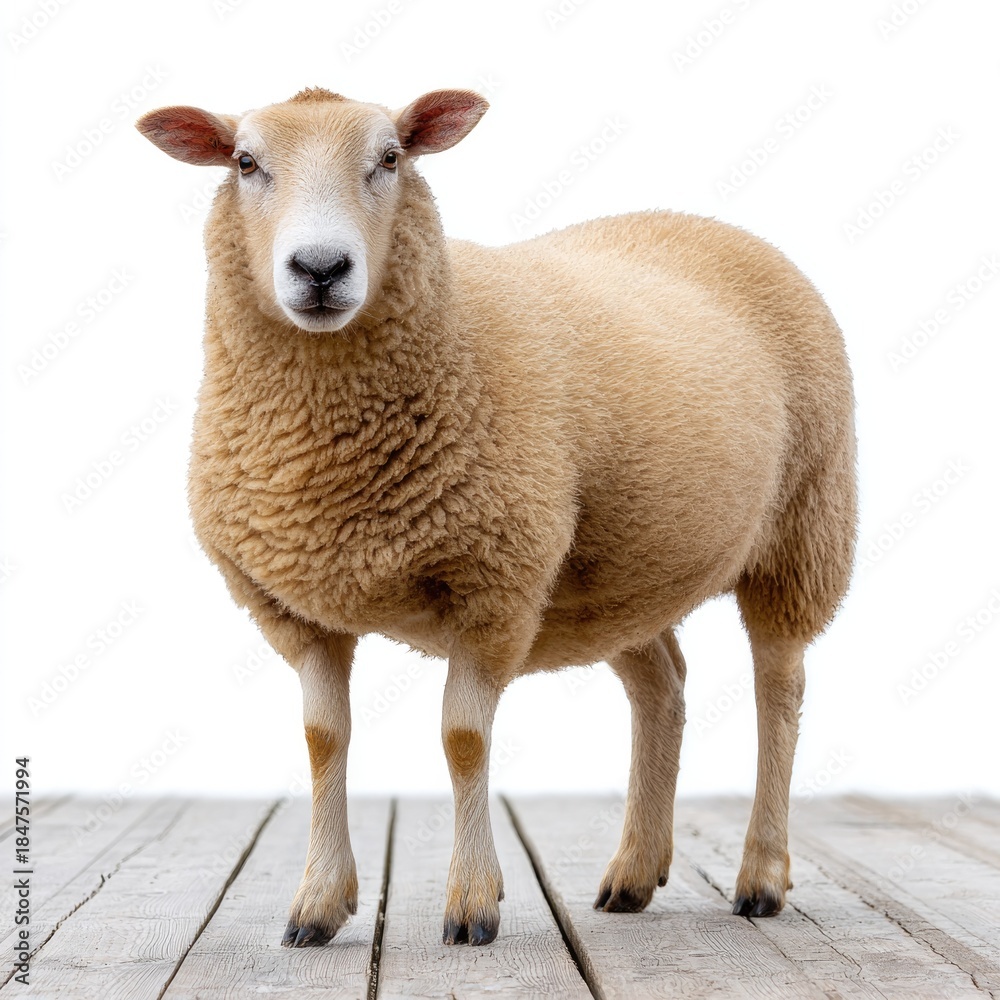 Obraz premium Fluffy sheep with thick winter wool by wooden wall on isolated white background for rustic farm design