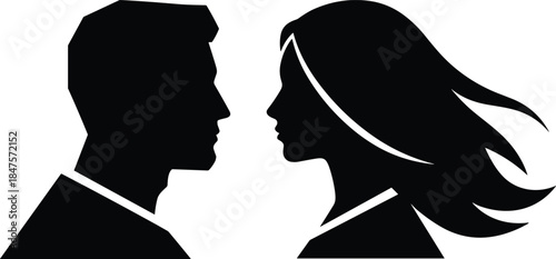 Man and woman face to face silhouette profiles expressing connection romance love relationship vector illustration isolated black white background design
