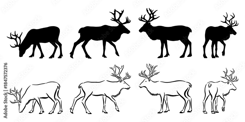 Fototapeta premium Hand-drawn minimalistic Sumi ink drawings of reindeers isolated on transparent background, silhouette illustrations, Japanese style art 