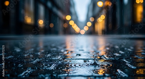 Close-up of raindrops splashing on a wet city street at night, reflecting blurry bokeh lights for a rainy days concept and urban melancholy mood.