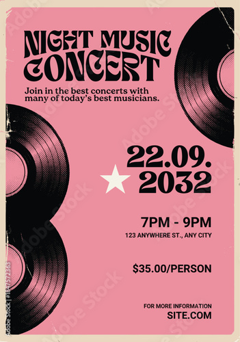 Vibrant night music concert poster with records and star