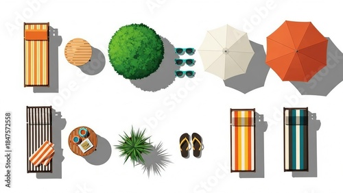 Top-down view illustration of summer leisure objects including chairs and umbrellas isolated on white background