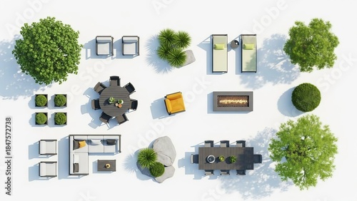 A top-down view of modern outdoor furniture pieces and landscape elements for patio design isolated on white background
