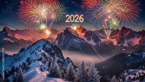 New Year 2026 fireworks over mountain landscape
