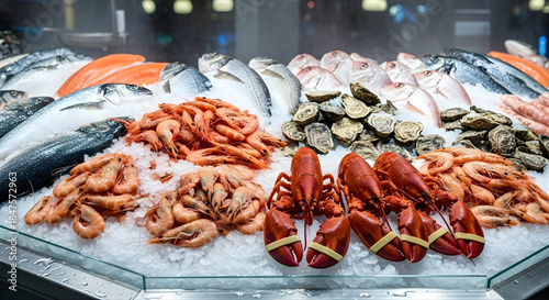 Fresh Seafood Market Display Branding. Fresh seafood display styled for food market branding and culinary advertising.