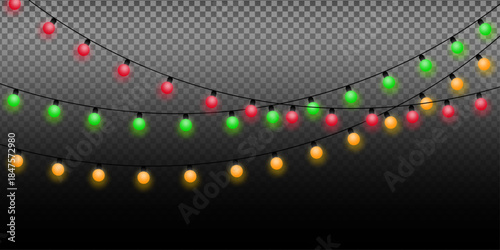 Colorful glowing string lights on transparent background for festive holiday celebration Vector