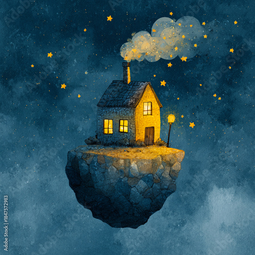 Whimsical House Drifting Through Space on a Tiny Asteroid