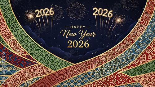 New Year 2026 festive greeting with traditional cultural patterns

