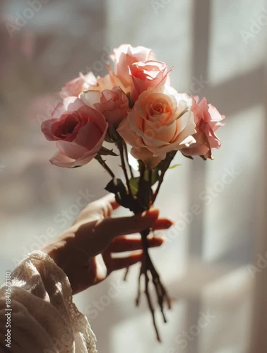 A beautiful bridal hand holds a romantic wedding bouquet of pink roses  for a wedding or Valentine's gift