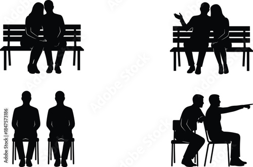 People sitting silhouettes collection showing couples friends conversation pointing gestures bench chair poses isolated black vector illustration set