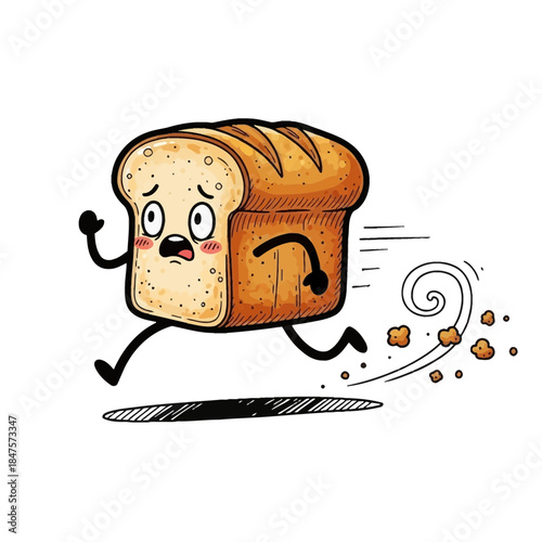 Cartoon running bread loaf character scared fast motion crumbs escaping funny food illustration mascot design concept