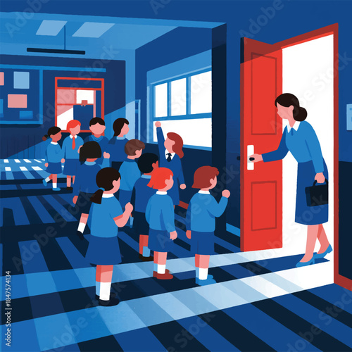 Illustration Of Children Queuing To Enter Class Vector Design Template