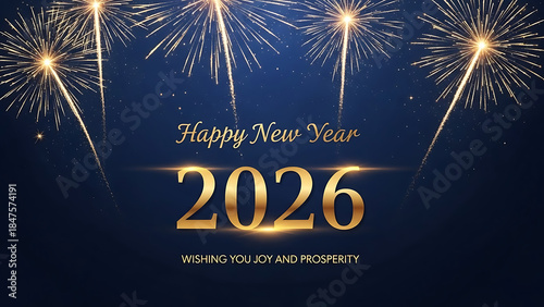 Elegant New Year 2026 greeting design with golden fireworks
