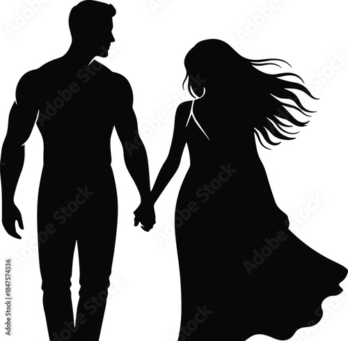 Romantic couple silhouette holding hands walking together symbolizing love relationship intimacy connection romance partnership elegant vector illustration design