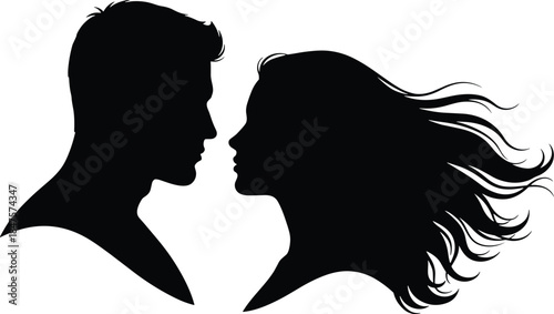 Romantic couple face to face silhouettes showing intimate love connection flowing hair isolated black vector illustration for modern relationship design