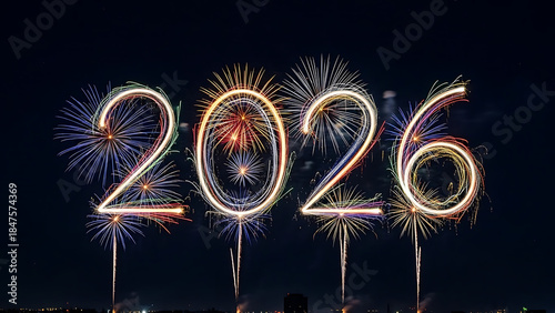 Colorful fireworks forming 2026 text in night sky
