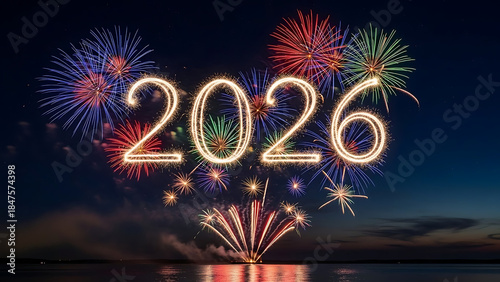 Colorful fireworks forming 2026 text in night sky
