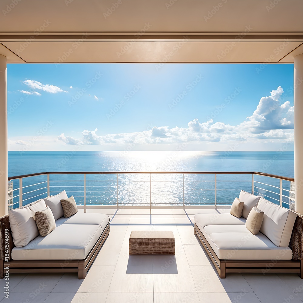 Fototapeta premium Luxury Balcony With Ocean View Under Bright Sunny Sky