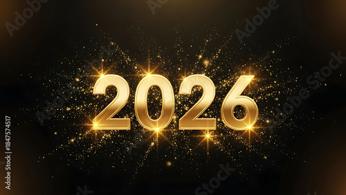 Golden 2026 numbers glowing with festive sparkles on dark background
