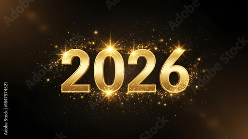 Golden 2026 numbers glowing with festive sparkles on dark background
