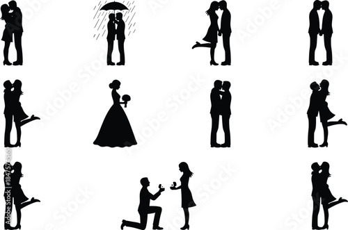 Romantic couple silhouettes collection showing love kisses hugs proposal wedding umbrella poses isolated black vector illustration set for modern design