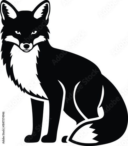 Sitting fox silhouette vector illustration of a wild forest animal mascot with white chest and tail detail isolated on white background for logo and tattoo design.