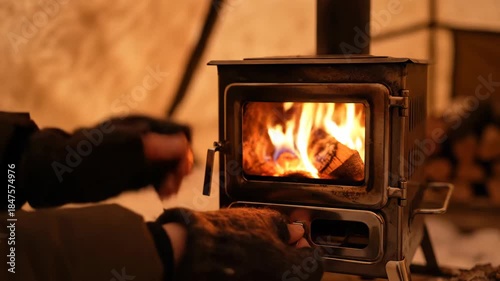 Hands warming by a small wood-burning stove inside a tent during winter camping.