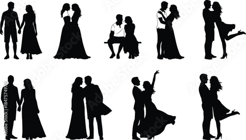 Romantic couple silhouettes in elegant dancing, hugging, sitting and standing poses, love relationship concepts, isolated black vector illustration set