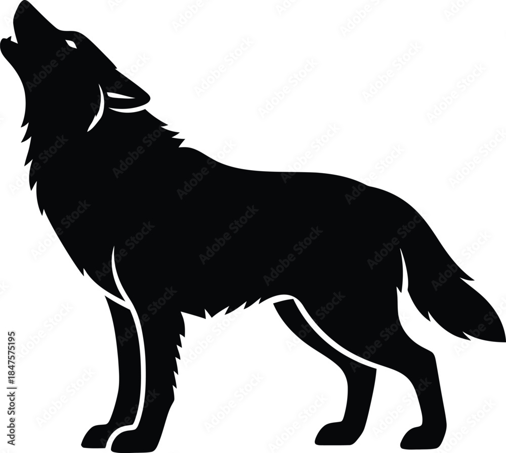 Obraz premium Howling wolf silhouette vector illustration isolated on white background standing wild animal side view icon for logo mascot tattoo and hunting club branding.