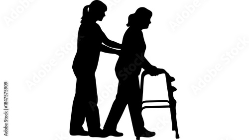 Caregiver assisting senior woman with walker with transparent background
