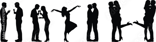 Romantic couples silhouettes dancing, talking, kissing and celebrating love moments, elegant black vector illustration set isolated on white background