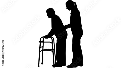 Elderly man with walker assisted by caregiver with transparent background