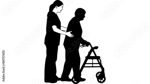 Caregiver assisting senior woman with walker with transparent background
