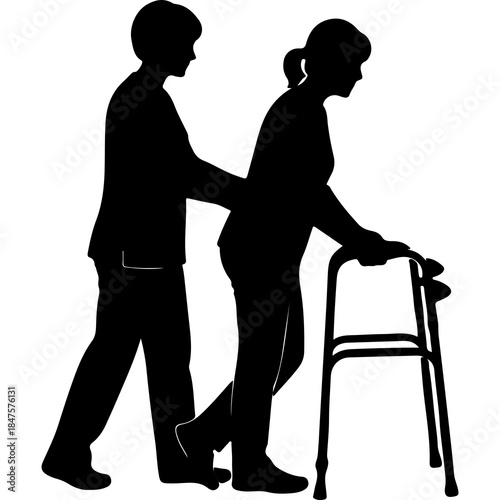 Elderly woman walking with assistance with transparent background