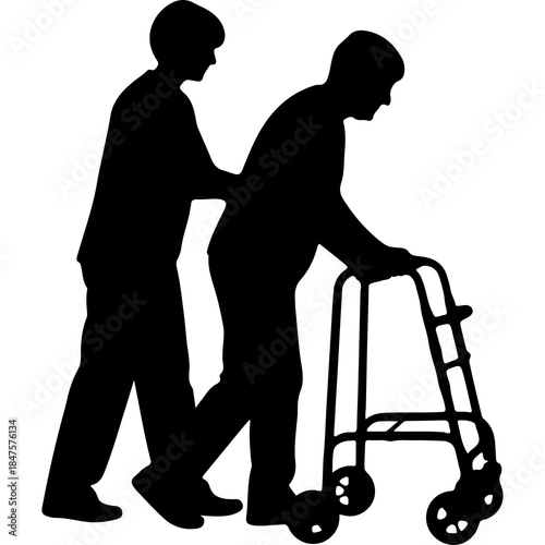 Elderly man with walker assisted by caregiver with transparent background