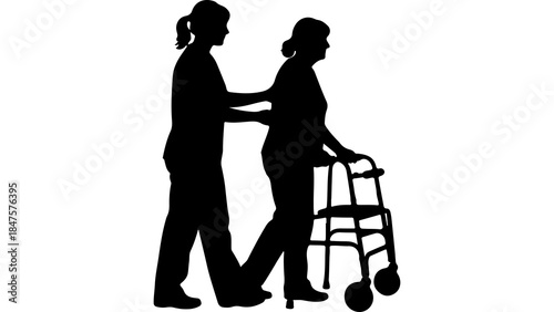 Caregiver assisting senior woman with walker with transparent background