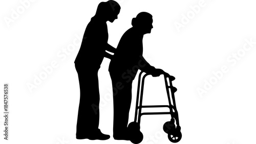 Elderly man with walker assisted by caregiver with transparent background