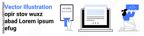 Automation, programming interfaces, applications, technology, e-learning, coding tutorials. Display includes barcode scanning, a form interface on a laptop and a coding session. Automation
