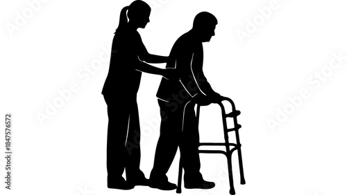 Caregiver assisting senior man with walker with transparent background