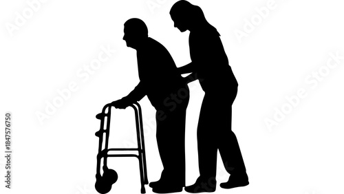Elderly man assisted by caregiver with transparent background