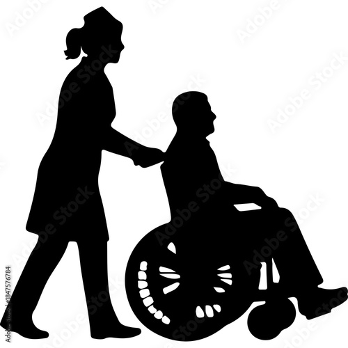 Nurse assisting patient in wheelchair with transparent background