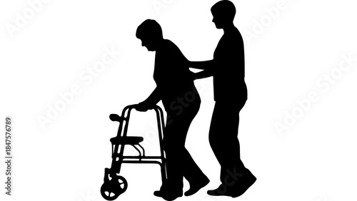 Elderly woman walking with assistance with transparent background